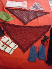 BLACK MANTILLAS X 2, 3 SETS GLOVES, BOW TIE, 3 SCARFS & 1  REMOVABLE COLLAR 1970