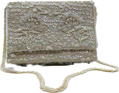 Vintage Beaded Satin Purse With Braided Strap Off White Color