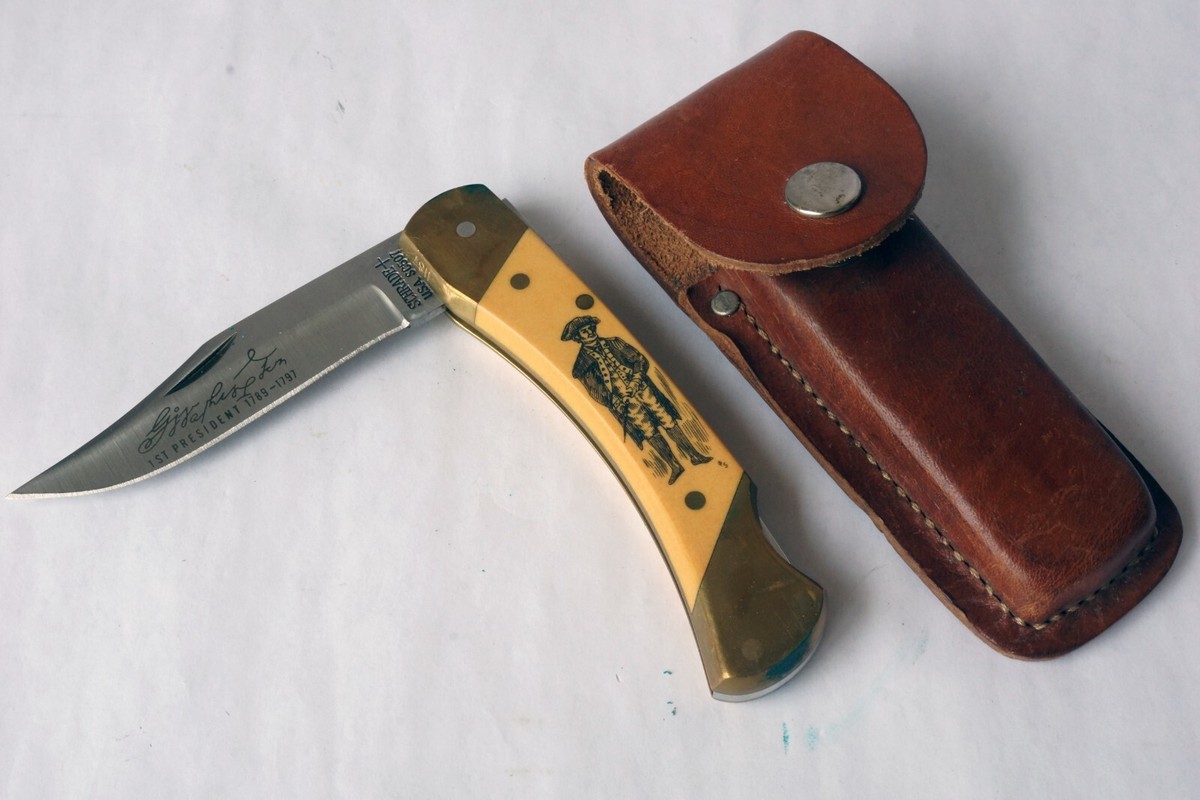 VINTAGE SCHRADE+USA SCRIMSHAW GEORGE WASHINGTON JUMBO LOCKBACK