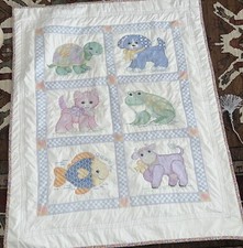 Handmade Adorable Cross Stitch Baby's Quilt Animals Pets Theme size 35x42  