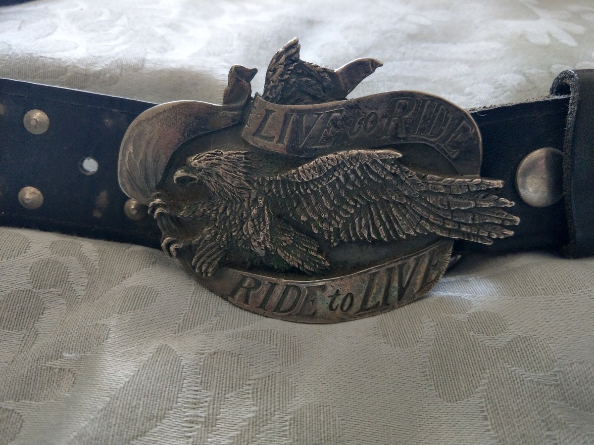 Live To Ride Eagle Harley Rider 80s Vintage Belt Buckle & studded 