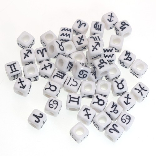 200 Assorted White 12 Horoscopes Acrylic Cube Pony Beads 7X7mm - Picture 4 of 7