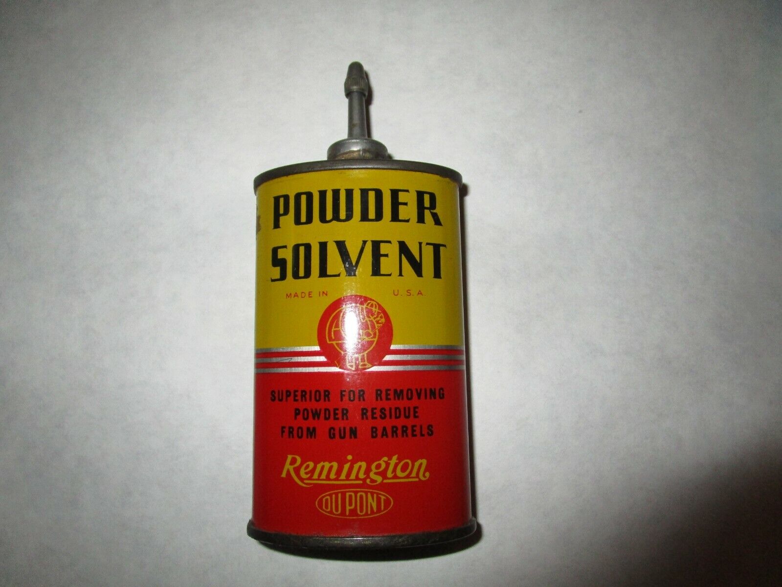 vintage Remington POWDER SOLVENT gun oil can hunting display, full lead top tin