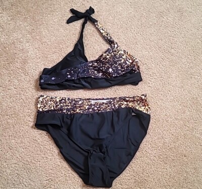 NEW Two Piece Halter Black & Yellow Swimsuit Bikini Bathing Suit Set Size XL