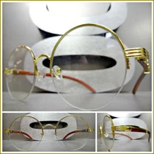 Classic Vintage Retro Style Clear Lens EYE GLASSES Round Gold & Faux Wood Frame