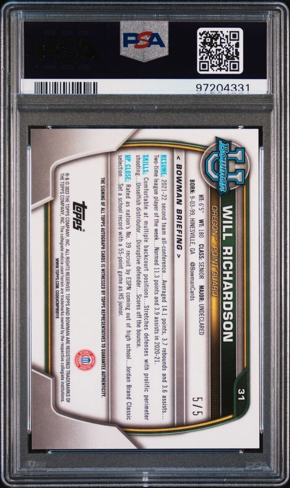 2023 Bowman University Will Richardson PSA 9 1st Bowman Red Auto /5 SSP - Oregon - Image 2 of 2