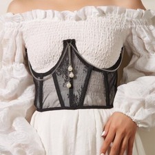 Lady Waistband Corset Belt Under Bust Cincher Mesh Lace Chain Party Clubwear