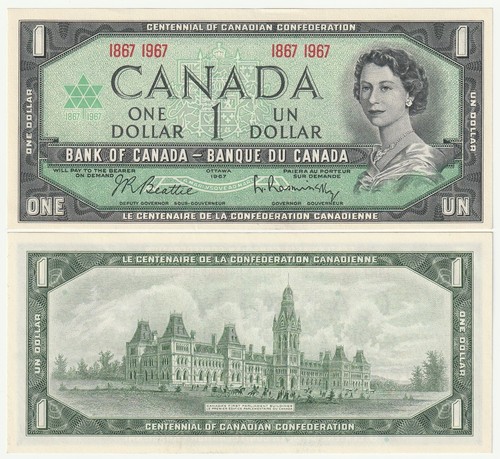1967 BANK OF CANADA, ONE DOLLAR, CENTENNIAL, CRISP AU-UNC BANKNOTE