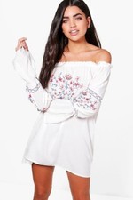 Boohoo Off The Shoulder White Long Sleeve Embroidered Floral Shift Smock Dress