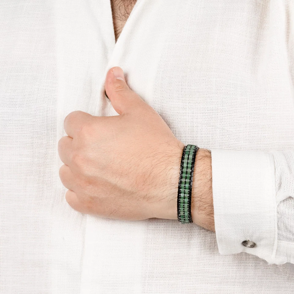 Мужской кожаный браслет зеленый авантюрин кристалл исцеления браслет магнитная застежка - Изображение 4 из 4