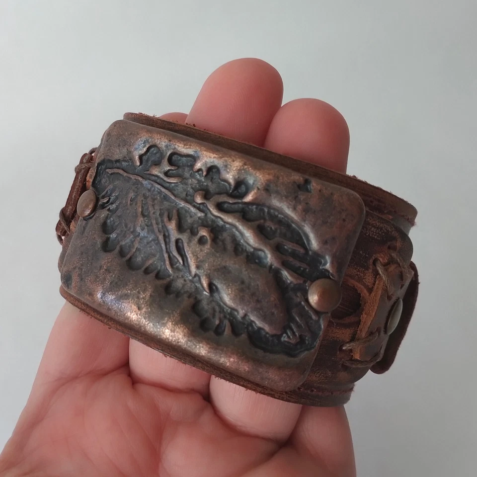 Signed  Genuine Leather Stamped Copper Leaf Tag Bracelet Handmade Statement - Image 3 of 4
