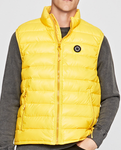 yellow sleeveless puffer jacket