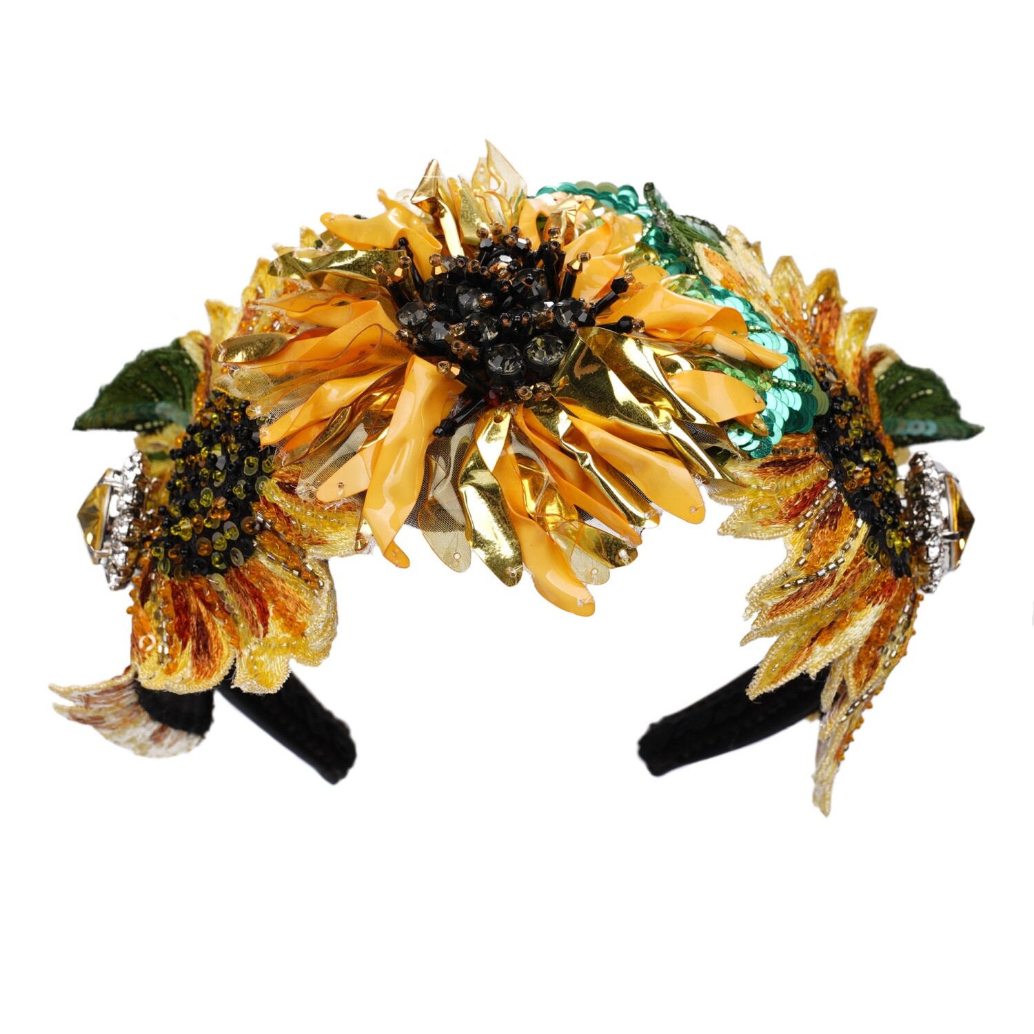 DOLCE & GABBANA Crystal Sequin Sunflower Hairband Headband Tiara Yellow Green
