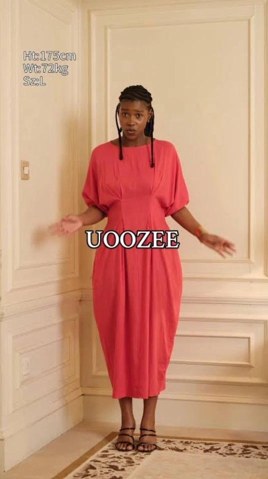 Vestido Uoozee Mezcla de Lino Rojo Midi Manga Reglan Plisada Cintura Costera Modesto M Foto 2 de 4