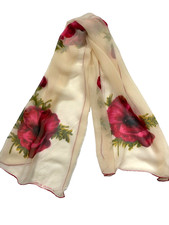 Vintage Echo Sheer Scarf Red Poppy Floral Oblong Sheer Ivory Romantic Wrap