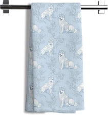 Siberian Husky Dog Gifts for Light Blue Chinoiserie Floral Decor Kitchen Towels，