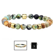 Men  s Genuine African Turquoise And Jasper Gold Stainless Steel Beaded Bracelet