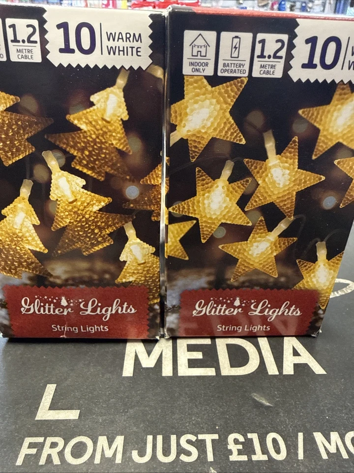 2x NEW Glitter Lights String Lights - 10 Warm White LED Stars & Trees - Indoor - Image 4 of 4
