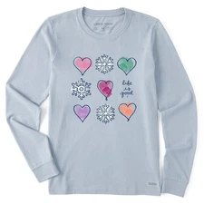 Life is Good. Women's Snowflakes & Hearts Long Sleeve Crusher Tee, Glacier Blue