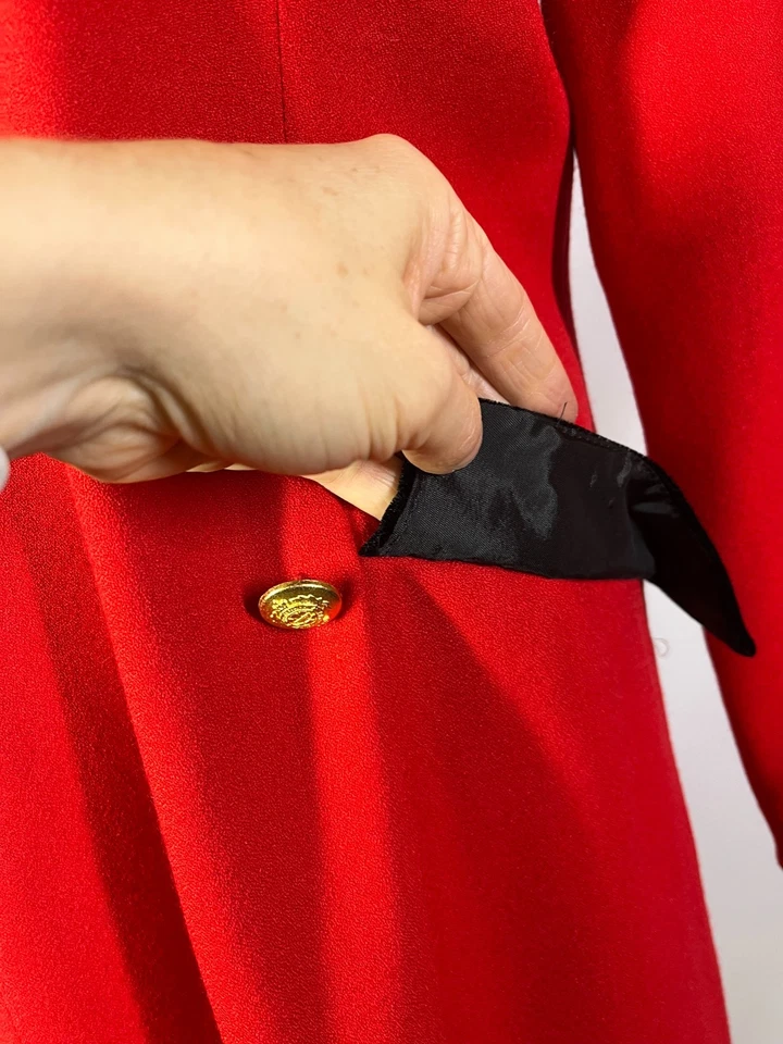 Vintage 90s F.L. Malik Size 8 Red Dress Black Velvet Collar Old Money Holiday - Image 3 of 4