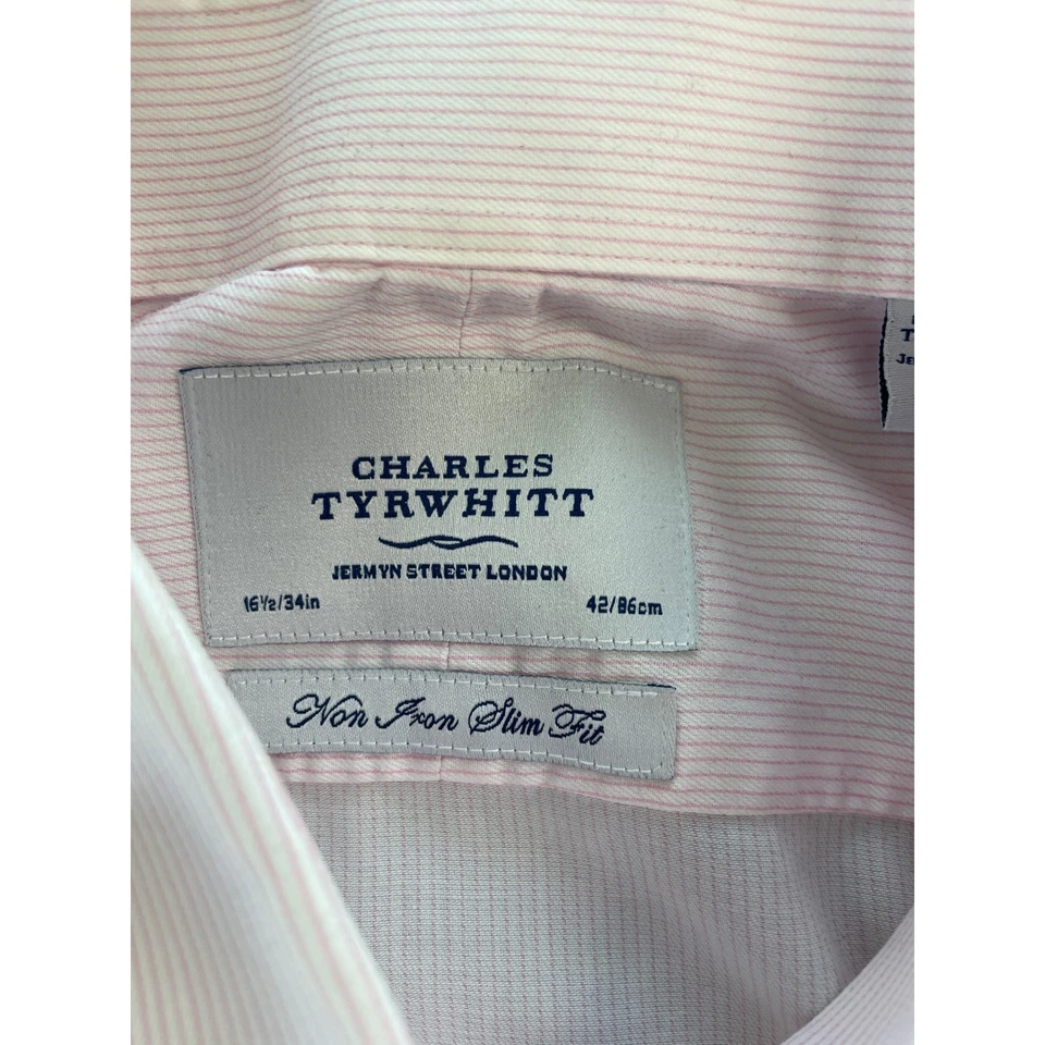 Camisa de vestir Charles Tyrwhitt para hombre 16,5/34 calce ajustado sin hierro rosa a rayas preppy Foto 3 de 4