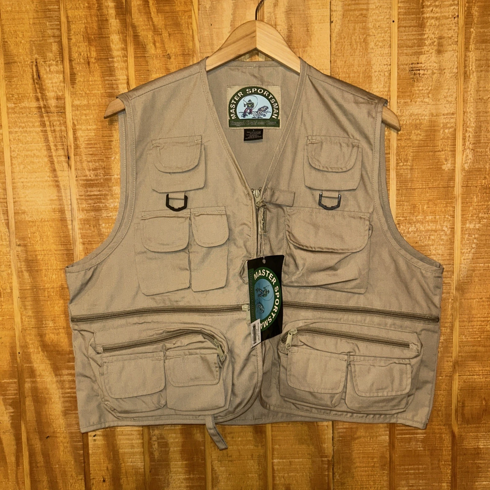 Master Sportsman Vest Mens Large Khaki Full Zip Pockets Fly Fishing Outdoor NWT