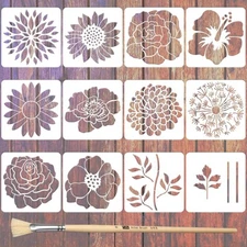 12PCS Large Flower Stencils for Painting on Wood 12 x 12 Inch Giant Wall Sten...