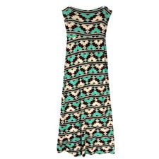 BKE Turquoise Geometric Maxi Dress M Pull On Scoop Neck Sleeveless Empire Waist