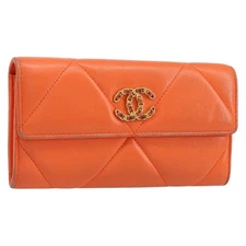 Chanel 19 Flap Wallet Quilted Lambskin Orange Leather Wallets Accessory