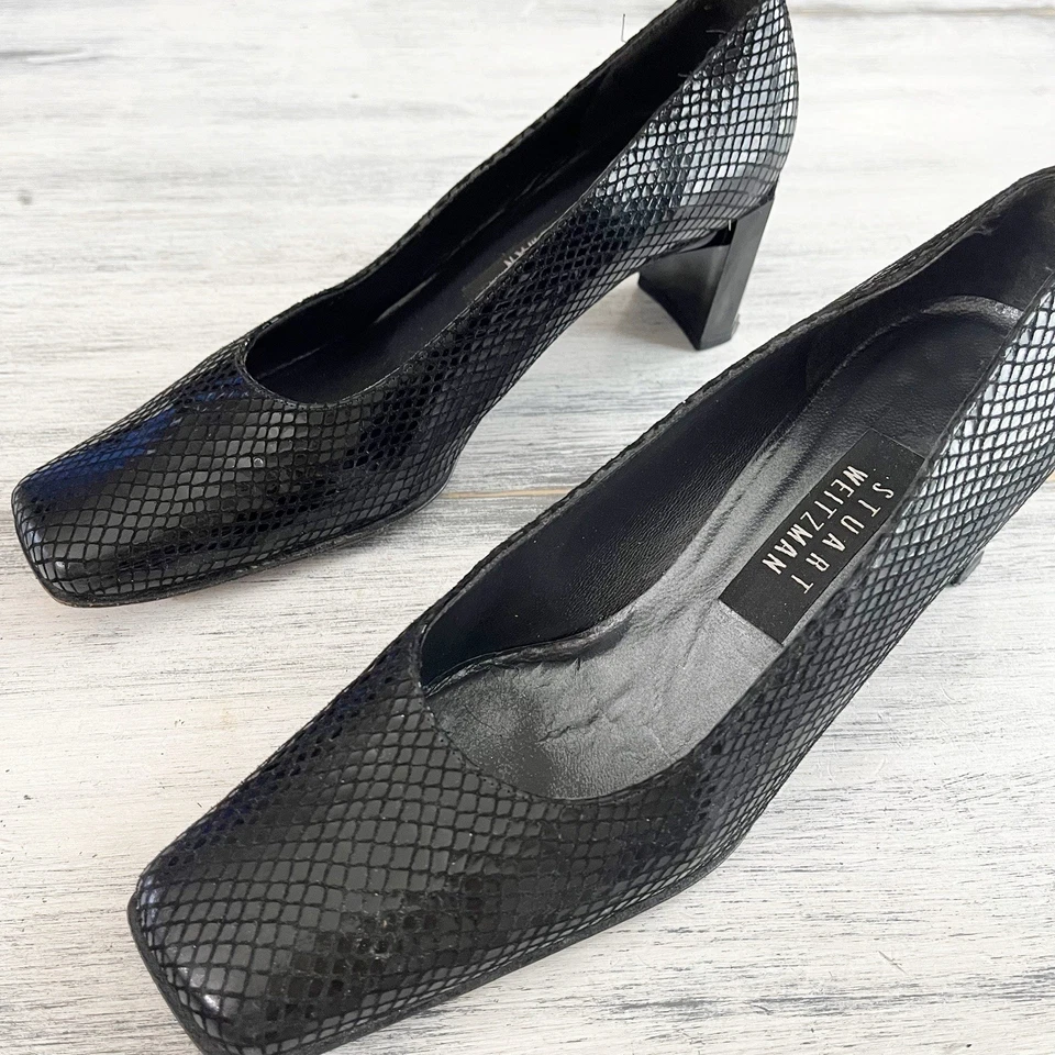 Zapatos de salón vintage Stuart Weitzman para mujer 7B negro estampado de serpiente punta cuadrada Foto 4 de 4