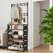 Entryway Shoe Rack,Coat Rack 5 Tier Shoe Stand Oraanizer for Bedroom Dorm,Black