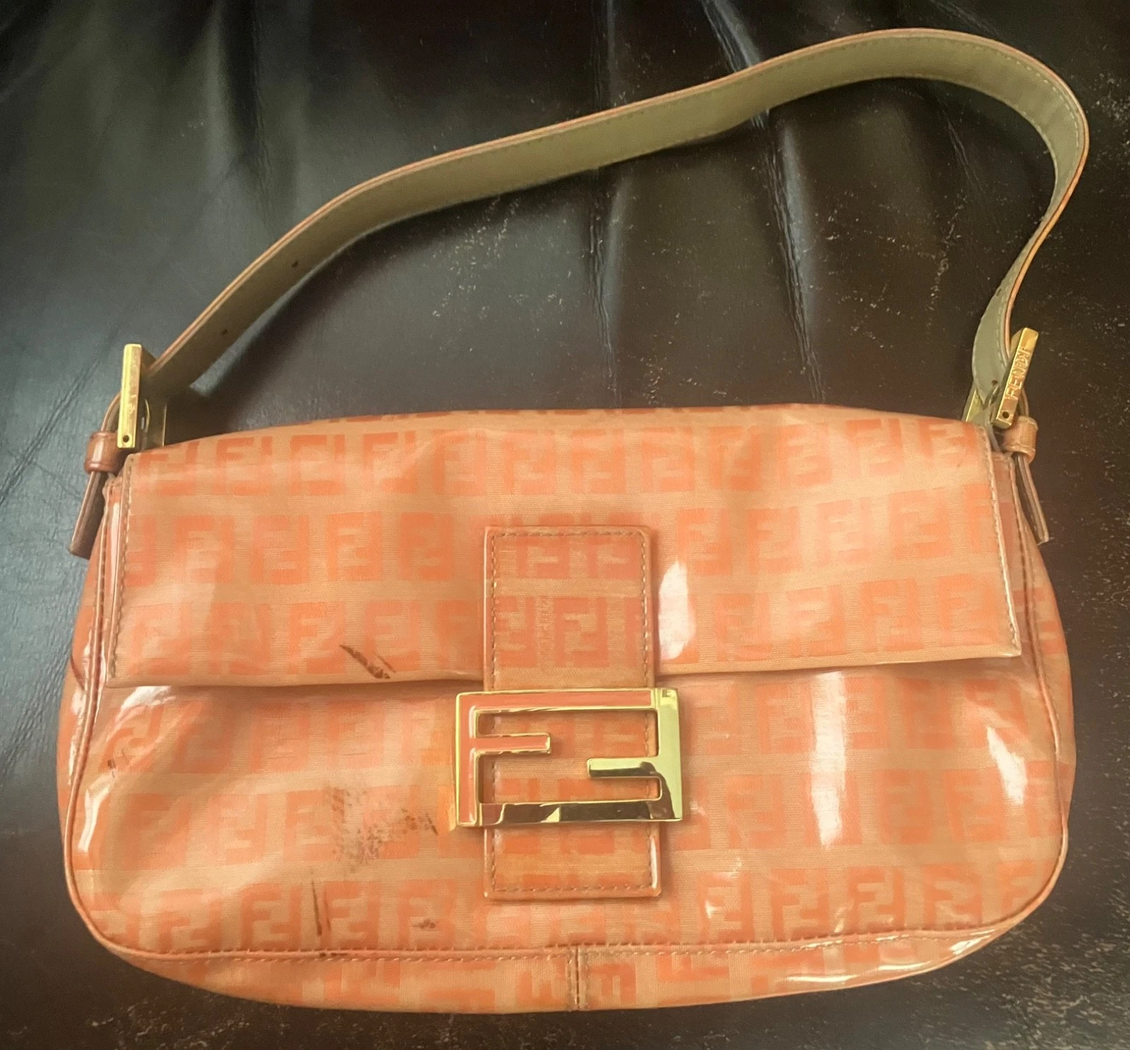 Fendi — FENDI Zucchino Canvas Mamma Baguette Shoulder Bag Enamel Orange Gold