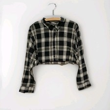 H&M Damen Bluse Gr. L  Hemd Divided langarm Crop Bauchfrei Kragen kariert - B2