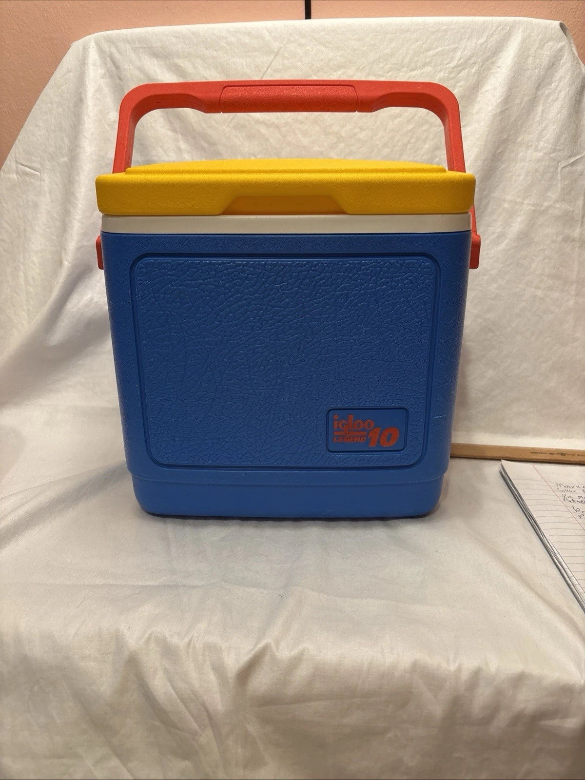 1988 VTG Igloo Legend 10 Cooler W/ Cup Holder Yellow Lid Blue Chest Red handle