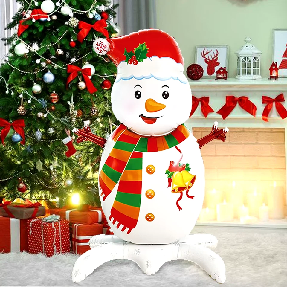 Muñeco de nieve de Navidad de 50 pulgadas globo de papel aluminio de pie con copo de nieve sombrero rojo Foto 2 de 4