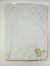  Carters Baby Blanket White w Pink Polka Dots Floral Bird Velour Sherpa   B32