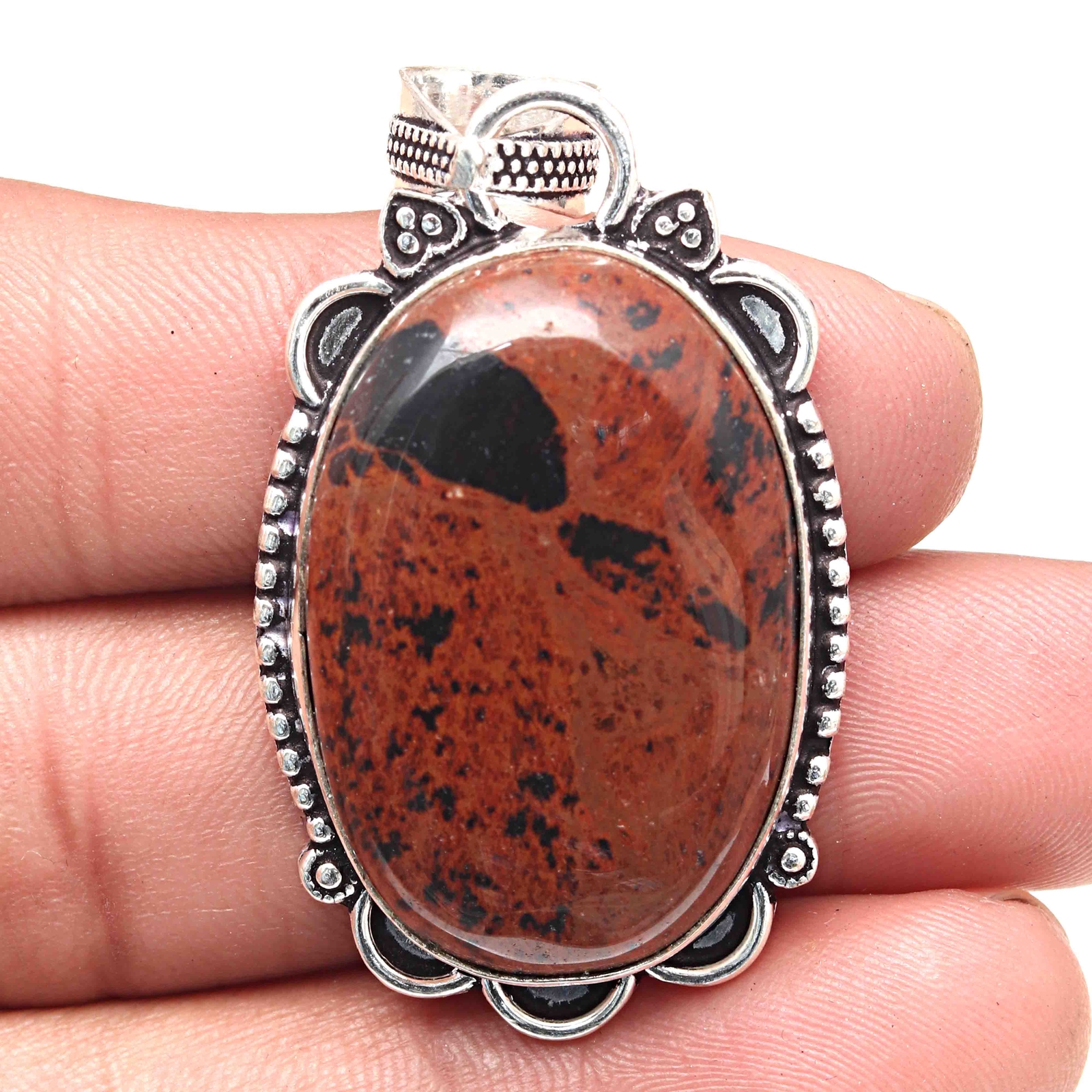 Mahogany Obsidian Gemstone Pendant Silver Jewelry for Valentine's Day 2 Inch