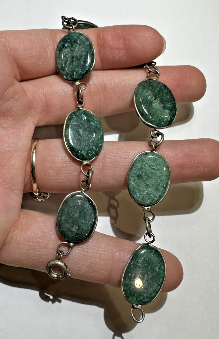 Carved Green Jade Moss Agate Jade Stone Silver tone 9