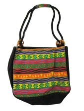 Vintage Sun N Sand Green Orange Black Reggae Cotton Canvas Beach Tote Bag Purse 