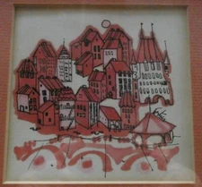 Original Hand Drawn "European Architecture” Drawing Signed FORTIS-Framed