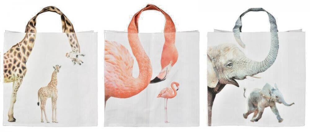 Giraffe Elephant Flamingo Neck Zoo Animal Shopping Bag Reusable Shopper Set of 3