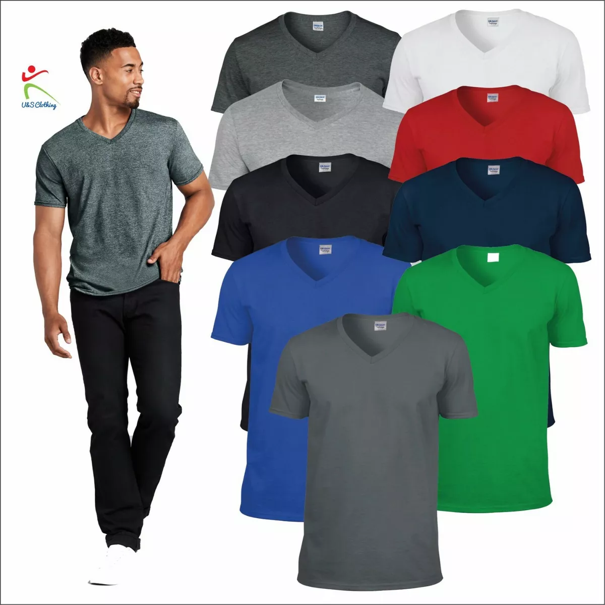 Gildan Men's Softstyle V-Neck T-Shirt Plain T shirt Soft Jersey Cotton Tee  TOP