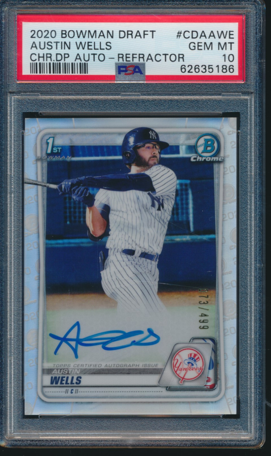 PSA 10 AUSTIN WELLS AUTO 1st 2020 Bowman Chrome Draft REFRACTOR/499 RC GEM MINT