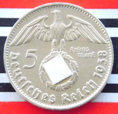 GERMAN 5 REICHSMARK 1938 D SWASTIKA HINDENBURG Silver Coin 3rd