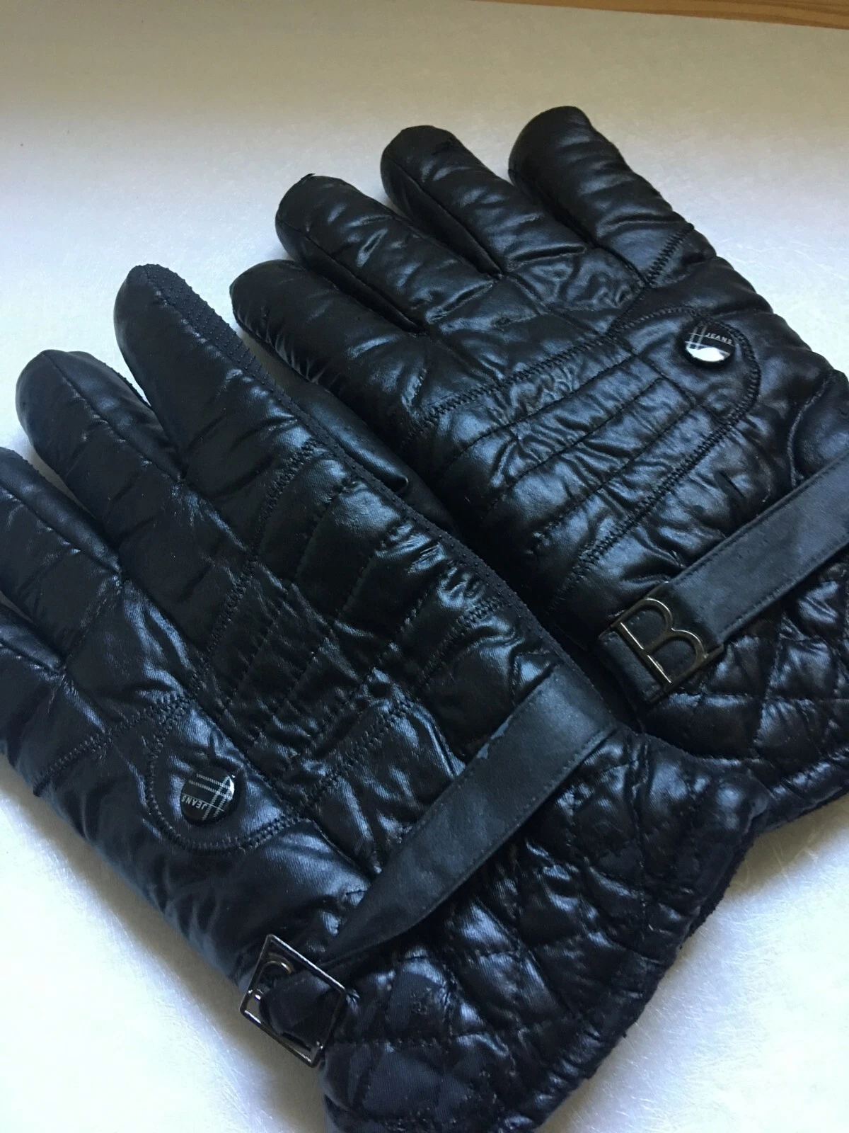 Jeans Winter Warm Gloves Black Sherpa Lined w/ Buttons, Belt and Buckle Design