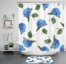 Summer Green leaf Blue Hydrangea Floral Shower Curtain Set for Bathroom Decor