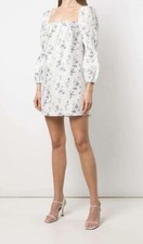 REFORMATION Melony Dress Floral 100% Linen Blue White Al Fresco Midi B642 Sz M