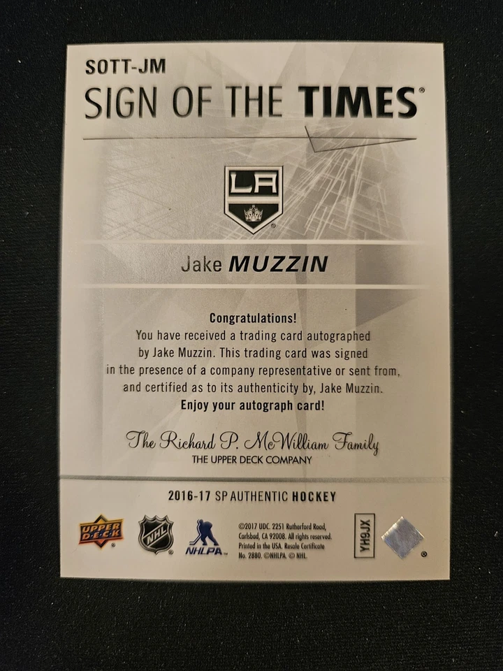 16-17 SP Authentic Jake Muzzin Sign Of The Times Autographed Los Angeles Kings - Image 2 of 2