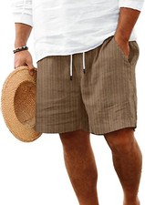 Men's Linen Shorts Flat Front Elastic Waist Drawstring Casual Summer Beachwear