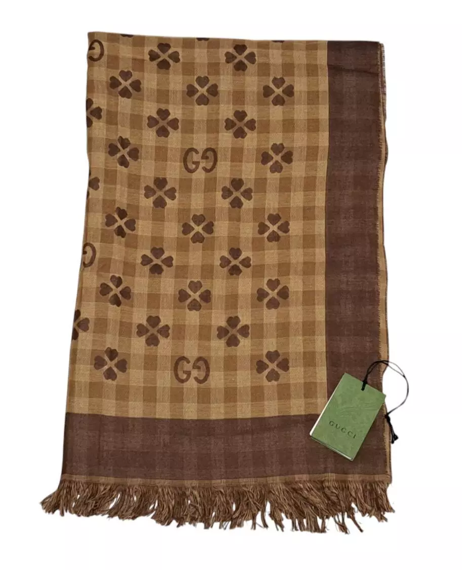 Gucci écharpe coton jacquard 662446 marron motif GG trèfle beige homme femme